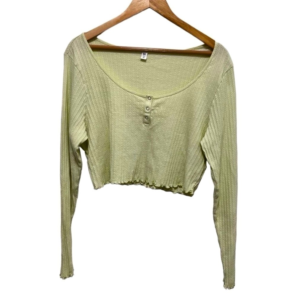 BP 100% cotton Lettuce Hem Brat Green Long Sleeve Henley Crop Shirt XXL